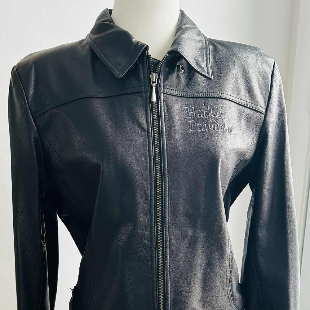 Harley-Davidson Black Leather Moto Jacket with Embroidered Filigree – US L - Picture 6 of 12